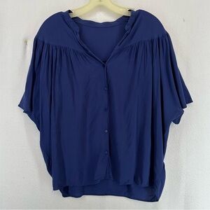 Short Sleeve Flowy Button Up Blouse Womens Medium Blue